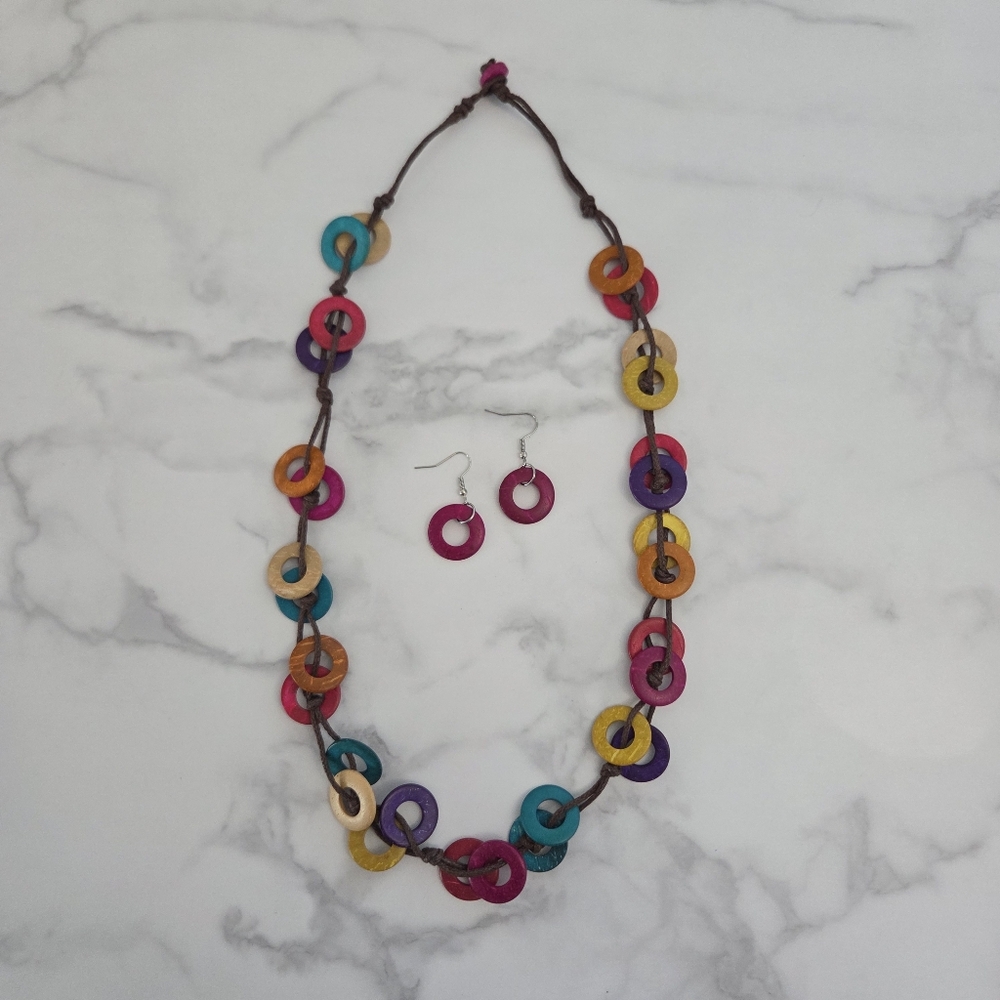 Paparazzi Accesories Boho Multi Color Wooden Discs Necklace & Earring Set - Picture 2 of 16
